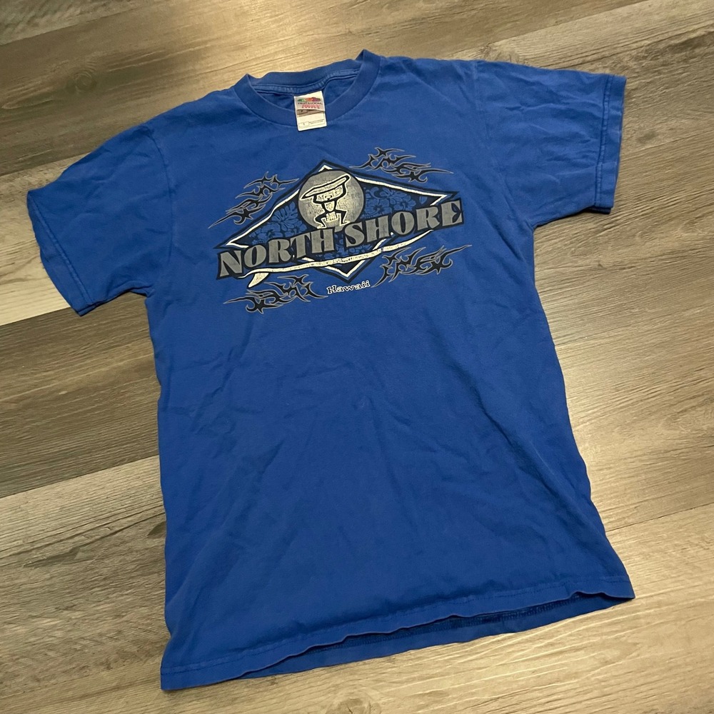 Fruit of the Loom North Shore Hawaii Graphic T-Shirt Mens Small Blue Surf Tee